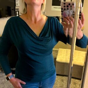 White House Black Market Cowel neck light knit top. Teal color long sleeve